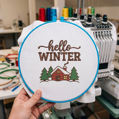 Hello Winter Embroidery Design – Cozy Snow Cabin Pine Trees Winter Wonderland Machine Embroidery File Embroidery/Applique DESIGNS PatternFeed8 