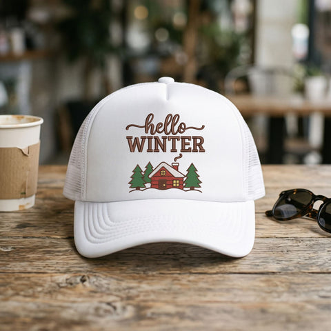 Hello Winter Embroidery Design – Cozy Snow Cabin Pine Trees Winter Wonderland Machine Embroidery File Embroidery/Applique DESIGNS PatternFeed8 