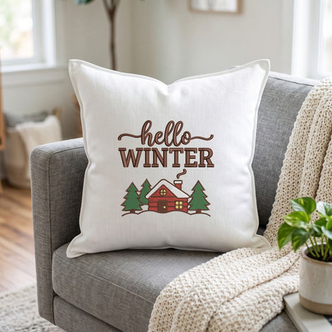 Hello Winter Embroidery Design – Cozy Snow Cabin Pine Trees Winter Wonderland Machine Embroidery File Embroidery/Applique DESIGNS PatternFeed8 