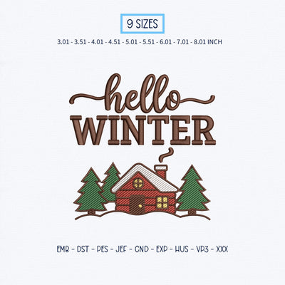 Hello Winter Embroidery Design – Cozy Snow Cabin Pine Trees Winter Wonderland Machine Embroidery File Embroidery/Applique DESIGNS PatternFeed8 