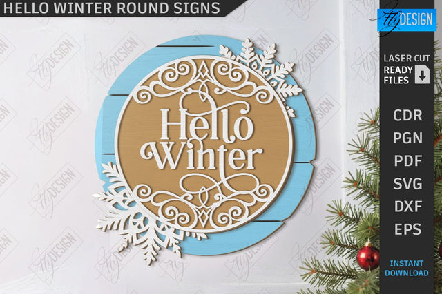 Hello Winter Round Sign Laser Cut | Winter Front Door Decor | Welcome Wall Sign | CNC File SVG Fly Design 