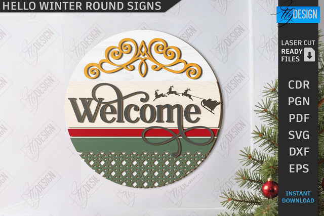 Hello Winter Round Sign Laser Cut | Winter Front Door Decor | Welcome Wall Sign | CNC File SVG Fly Design 