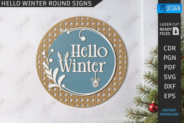 Hello Winter Round Sign Laser Cut | Winter Front Door Decor | Welcome Wall Sign | CNC File SVG Fly Design 