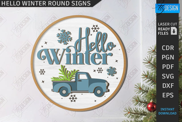 Hello Winter Round Sign Laser Cut | Winter Front Door Decor | Welcome Wall Sign | CNC File SVG Fly Design 