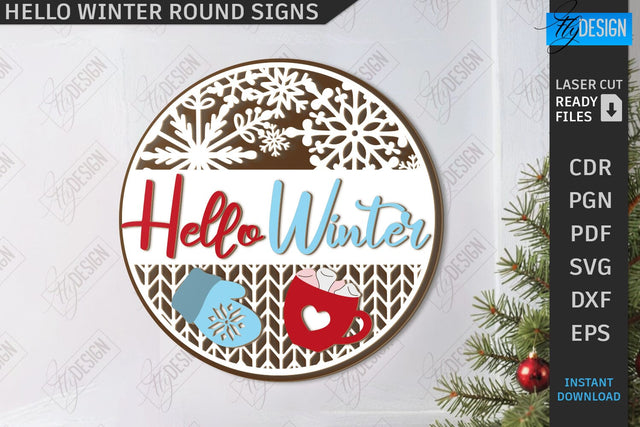 Hello Winter Round Sign Laser Cut | Winter Front Door Decor | Welcome Wall Sign | CNC File SVG Fly Design 