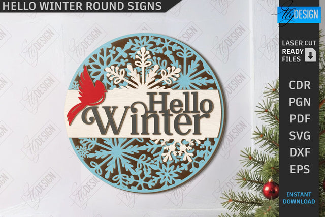 Hello Winter Round Sign Laser Cut | Winter Front Door Decor | Welcome Wall Sign | CNC File SVG Fly Design 