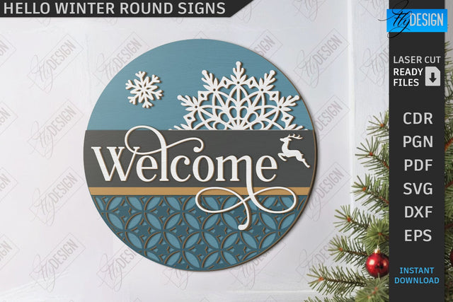 Hello Winter Round Sign Laser Cut | Winter Front Door Decor | Welcome Wall Sign | CNC File SVG Fly Design 