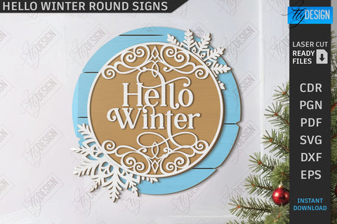 Hello Winter Round Signs Laser Cut Bundle | Winter Front Door Decor | Welcome Wall Signs | CNC Files SVG Fly Design 