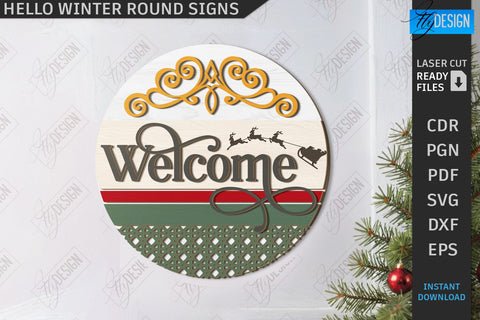 Hello Winter Round Signs Laser Cut Bundle | Winter Front Door Decor | Welcome Wall Signs | CNC Files SVG Fly Design 