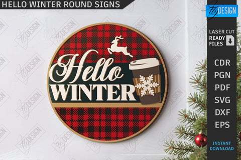 Hello Winter Round Signs Laser Cut Bundle | Winter Front Door Decor | Welcome Wall Signs | CNC Files SVG Fly Design 