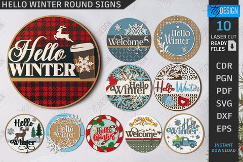 Hello Winter Round Signs Laser Cut Bundle | Winter Front Door Decor | Welcome Wall Signs | CNC Files SVG Fly Design 