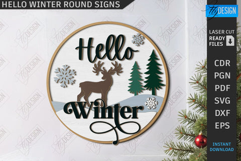 Hello Winter Round Signs Laser Cut Bundle | Winter Front Door Decor | Welcome Wall Signs | CNC Files SVG Fly Design 
