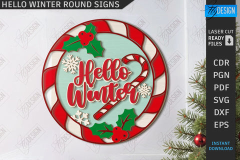 Hello Winter Round Signs Laser Cut Bundle | Winter Front Door Decor | Welcome Wall Signs | CNC Files SVG Fly Design 