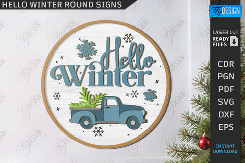Hello Winter Round Signs Laser Cut Bundle | Winter Front Door Decor | Welcome Wall Signs | CNC Files SVG Fly Design 