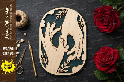 Helping Hands Oval Frame SVG Laser Cut Design | Connection Gesture Decorative Pattern SVG Regulrcrative 