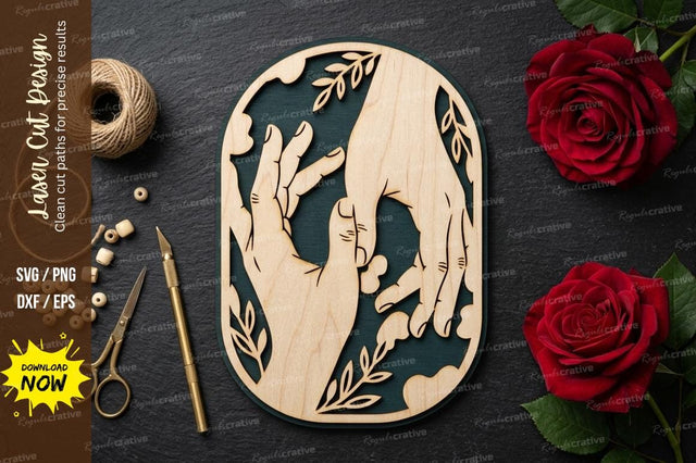 Helping Hands Oval Frame SVG Laser Cut Design | Connection Gesture Decorative Pattern SVG Regulrcrative 