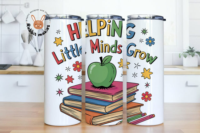 Helping Little Minds Grow 20 oz Skinny Tumbler Wrap, Retro Teacher Digital Download PNG Sublimation Rabbitmakies 