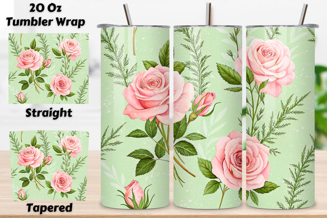 Herb Garden Rose Seamless Tumbler Wrap, Blush Roses with Rosemary Sprigs, seamless tumbler wrap, herbal floral design, blush rose wrap, rosemary greenery accents, botanical garden style Sublimation FloridPrintables 