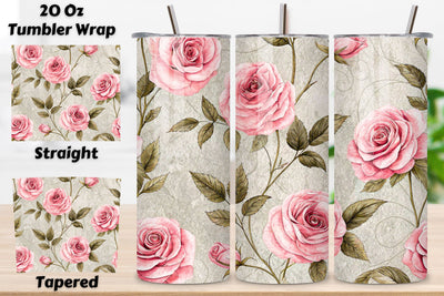 Herbarium Rose Seamless Tumbler Wrap – Dried Pink Roses with Scientific Labels Sublimation FloridPrintables 