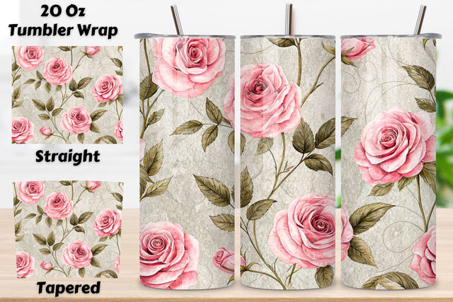 Herbarium Rose Seamless Tumbler Wrap – Dried Pink Roses with Scientific Labels Sublimation FloridPrintables 