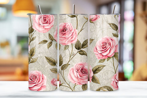 Herbarium Rose Seamless Tumbler Wrap – Dried Pink Roses with Scientific Labels Sublimation FloridPrintables 