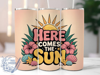 Here Comes Sun 20oz Tumbler, Salty Summer Phrase, Here Comes The Sun Quote, Tropical Coastal Theme, Vintage Beach Illustration, Sublimation Tumbler Wrap, 20oz Tumbler Sublimation ToriDesigns 