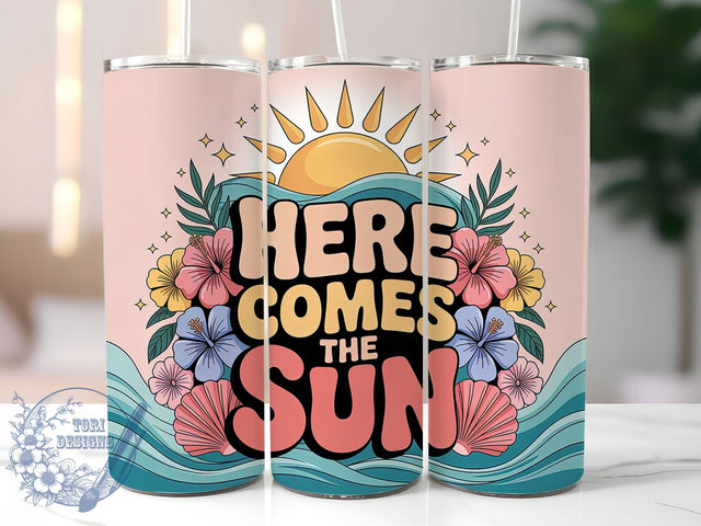 Here Comes Sun 20oz Tumbler, Salty Summer Phrase, Here Comes The Sun Quote, Tropical Coastal Theme, Vintage Beach Illustration, Sublimation Tumbler Wrap, 20oz Tumbler Sublimation ToriDesigns 