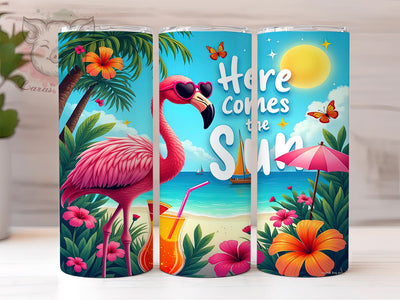 Here Comes the Sun, Flamingo Tumbler Wrap, 20oz Sublimation, Summer Drinkware, Tropical Flamingo, Cute Flamingo Design, Beach Vibes Tumbler Sublimation Lara' s Designs 