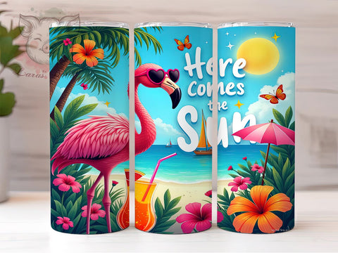 Here Comes the Sun, Flamingo Tumbler Wrap, 20oz Sublimation, Summer Drinkware, Tropical Flamingo, Cute Flamingo Design, Beach Vibes Tumbler Sublimation Lara' s Designs 