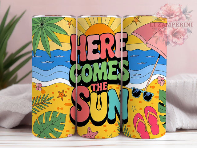 Here Comes The Sun Retro Boho Tumbler, Sunshine Tumbler Design, Summer Vibes Tumbler, 20oz Sublimation Wrap, Retro Sun Tumbler Wrap, Positive Quote Tumbler, Boho Sun Tumbler Sublimation Li Zamperini 