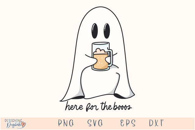 Here for the Booos Ghost SVG for Cricut, Cute Ghost with Beer PNG for Stickers, Sublimation, TShirts, Funny Drinking Halloween Sticker SVG Designing Digitals 