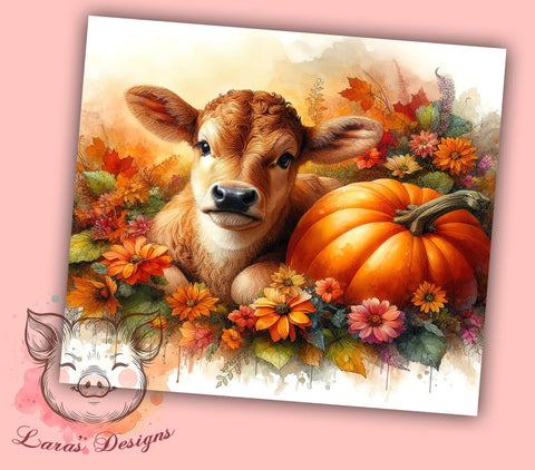 Hereford Cow Fall 20 oz Skinny Tumbler Sublimation Design, Straight & Tapered Tumbler Png, Farm Pumpkins Flowers Tumbler Png, Digital Download PNG Sublimation Lara' s Designs 