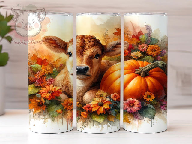 Hereford Cow Fall 20 oz Skinny Tumbler Sublimation Design, Straight & Tapered Tumbler Png, Farm Pumpkins Flowers Tumbler Png, Digital Download PNG Sublimation Lara' s Designs 