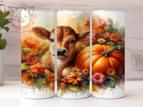 Hereford Cow Fall 20 oz Skinny Tumbler Sublimation Design, Straight & Tapered Tumbler Png, Farm Pumpkins Flowers Tumbler Png, Digital Download PNG Sublimation Lara' s Designs 