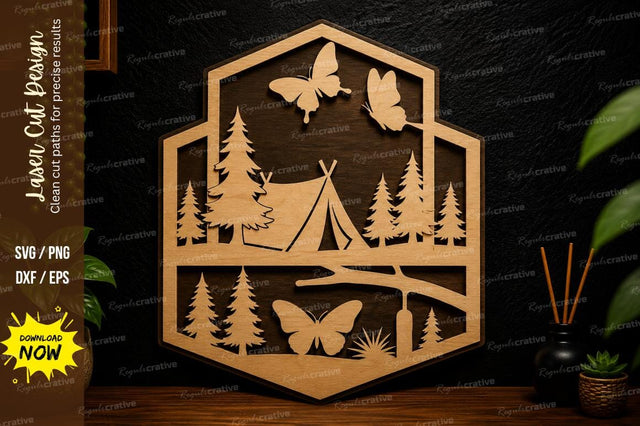 Hexagon Camping Scene laser cut svg File SVG Regulrcrative 