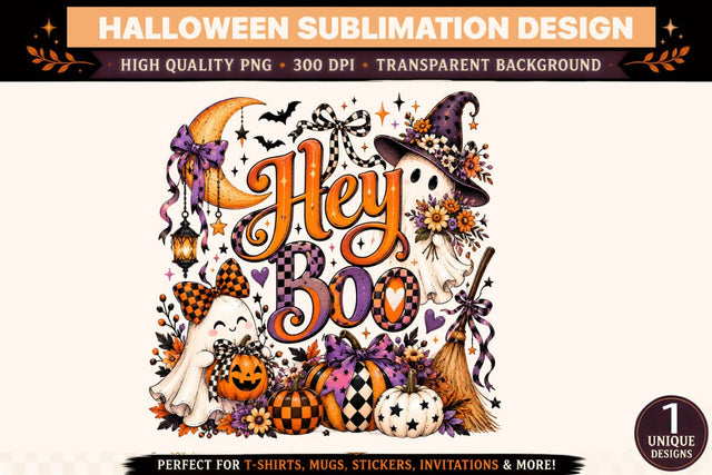 Hey Boo Halloween Ghost PNG Sublimation Design, Cute Witch Ghost with Crescent Moon, Vintage Lantern, Plaid Bows, Decorative Pumpkins and Floral Autumn Clipart for T Shirts, Mugs, Stickers and DIY Crafts Sublimation BlackCatsMedia 