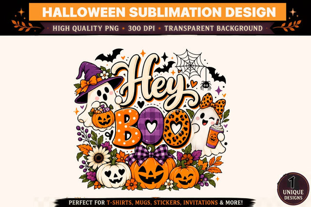 Hey Boo Halloween PNG, Cute Ghost Pumpkin Sublimation Design, Coquette Halloween Clipart, Spooky Season Shirt Graphic, Pink Orange Halloween Design Sublimation BlackCatsMedia 