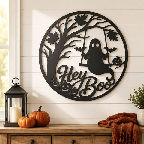Hey Boo Laser SVG | Ghost DXF Cut File | Halloween Metal Sign | Plasma CNC File | Spooky Door Decor | Round Sign Svg SVG HappyDesignStudio 