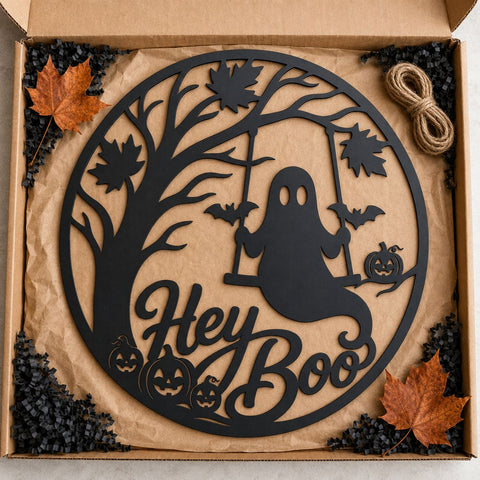 Hey Boo Laser SVG | Ghost DXF Cut File | Halloween Metal Sign | Plasma CNC File | Spooky Door Decor | Round Sign Svg SVG HappyDesignStudio 