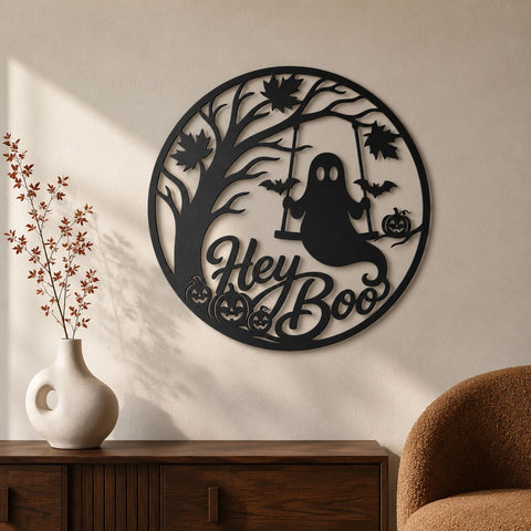 Hey Boo Laser SVG | Ghost DXF Cut File | Halloween Metal Sign | Plasma CNC File | Spooky Door Decor | Round Sign Svg SVG HappyDesignStudio 