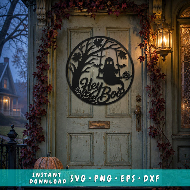 Hey Boo Laser SVG | Ghost DXF Cut File | Halloween Metal Sign | Plasma CNC File | Spooky Door Decor | Round Sign Svg SVG HappyDesignStudio 