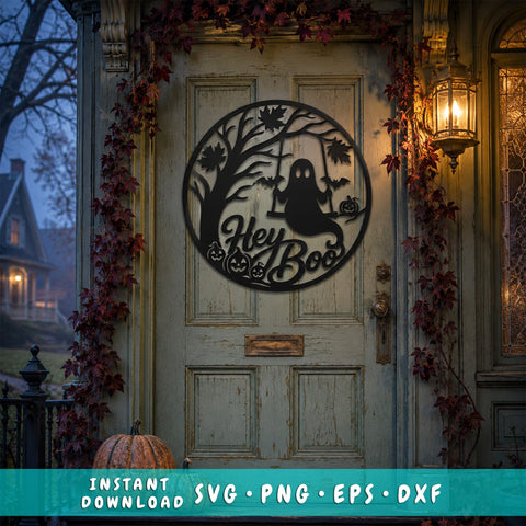 Hey Boo Laser SVG | Ghost DXF Cut File | Halloween Metal Sign | Plasma CNC File | Spooky Door Decor | Round Sign Svg SVG HappyDesignStudio 
