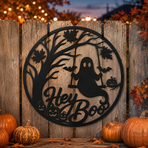 Hey Boo Laser SVG | Ghost DXF Cut File | Halloween Metal Sign | Plasma CNC File | Spooky Door Decor | Round Sign Svg SVG HappyDesignStudio 