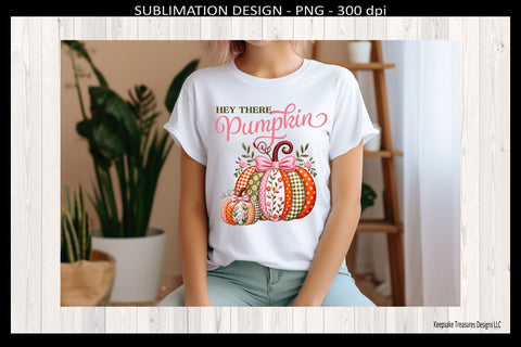 Hey There Pumpkin, Faux Embroidery Pumpkins and Coquette Bow, Fall Sublimation Png Design Sublimation Keepsake Treasures Designs LLC. 