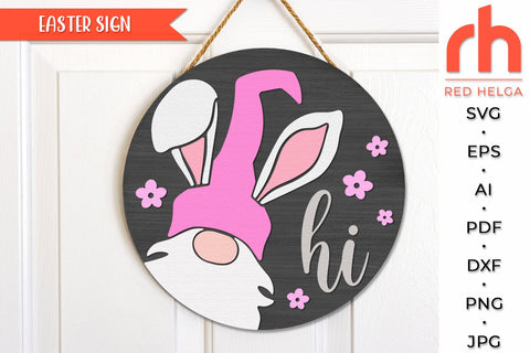 Hi Easter SVG, Layered Door Sign Cut File, Gnome Bunny Ears SVG RedHelgaArt 