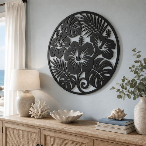 Hibiscus Flower Laser SVG | Round Floral Wall Art DXF | Tropical Leaves CNC File | Plasma Cut Metal Decor | Monstera Leaf Svg SVG HappyDesignStudio 
