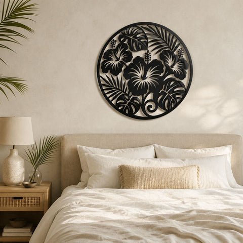 Hibiscus Flower Laser SVG | Round Floral Wall Art DXF | Tropical Leaves CNC File | Plasma Cut Metal Decor | Monstera Leaf Svg SVG HappyDesignStudio 