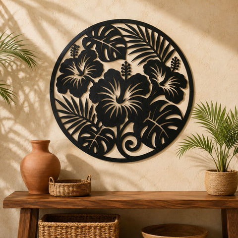 Hibiscus Flower Laser SVG | Round Floral Wall Art DXF | Tropical Leaves CNC File | Plasma Cut Metal Decor | Monstera Leaf Svg SVG HappyDesignStudio 