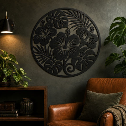 Hibiscus Flower Laser SVG | Round Floral Wall Art DXF | Tropical Leaves CNC File | Plasma Cut Metal Decor | Monstera Leaf Svg SVG HappyDesignStudio 