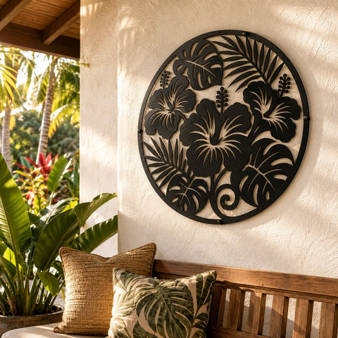 Hibiscus Flower Laser SVG | Round Floral Wall Art DXF | Tropical Leaves CNC File | Plasma Cut Metal Decor | Monstera Leaf Svg SVG HappyDesignStudio 